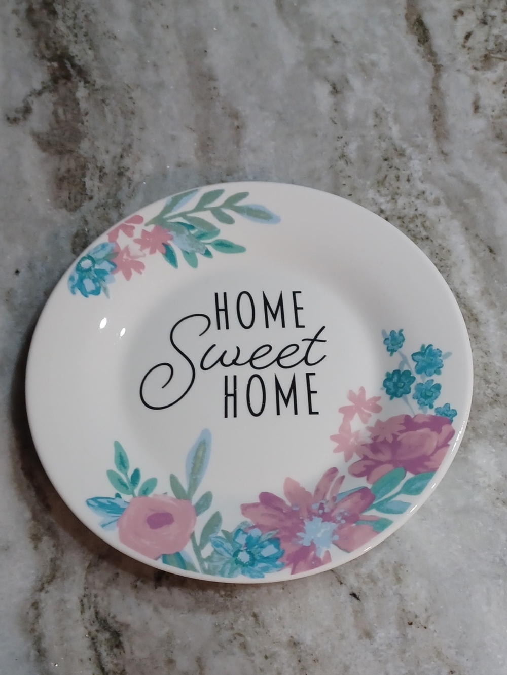 Home Sweet Home Floral Decorative Plate - White with Pink & Teal Accents